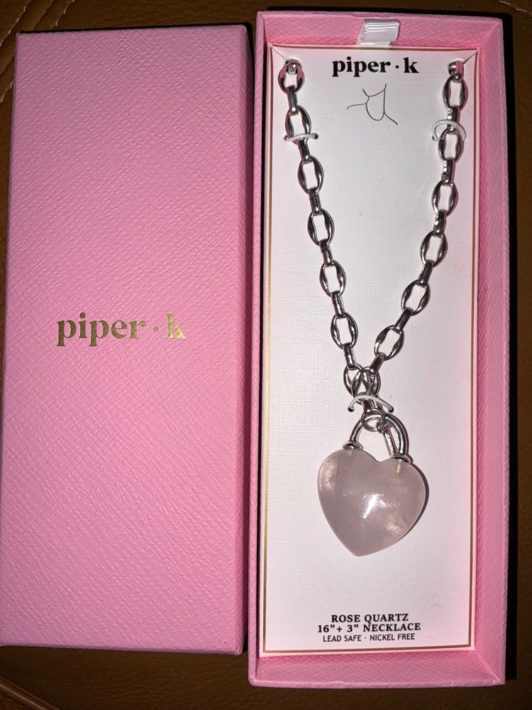 Piper.k Rose Quartz heart pendant necklace 16”+3”silver tone leadsafe nickelfree