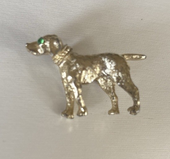 Vintage Signed LEM Green Eyed Dog Brooch Pin Gold Tone