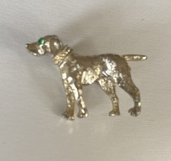 Vintage Signed LEM Green Eyed Dog Brooch Pin Gold Tone