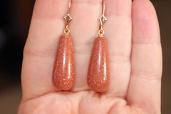 Handmade 14K Carved Large Sunstone Tear Drop Lever back Earrings