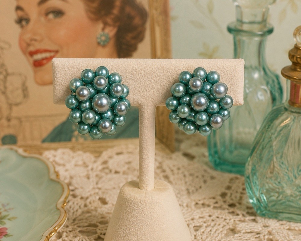 Vintage Aqua Blue Faux Pearl Cluster Clip On Earrings Wired Mid Century 1958-65