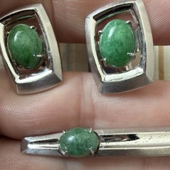 Vintage Sun Eagle Cufflinks and Tie Clip Set Silver Tone Green Cabochon Men’s