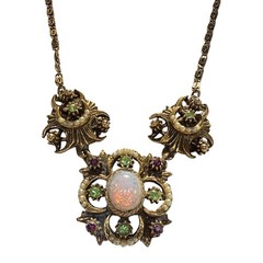 Victorian Revival Faux Fire Opal Pearl Necklace Antique Style Gold Tone Statemen