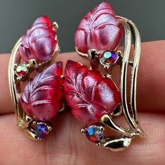 Vintage Rhinestone Flower Earrings Magenta Pink AB Crystal Leaf Climber Signed