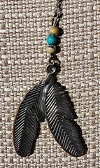 Double Feather Pendant Necklace 13″ Silver Turquoise Native American + Bracelet