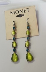 Vintage Estate signed Monet Peridot Green Faceted Blue Glass Drop Earrings.