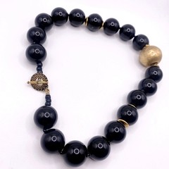 Vintage Black Onyx And Venetian Metal Golden Spheres Chunky Necklace 14”