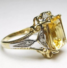 Vintage 10K Gold 3CT Emerald Cut Citrine Diamond Accent Estate Cocktail Ring