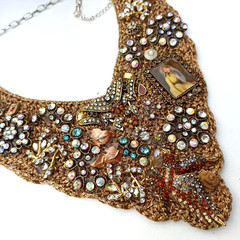 Bib V Necklace Recycled Assembly Jewelry OOAK Vintage Artisan Knitted Art Gift