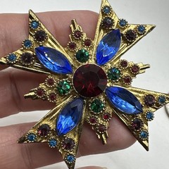 Amazing Vintage Byzantine Mogul Maltese Cross Pin Glass Emerald Ruby 2.5”