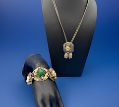 Vintage Sculpted Face Pendant Necklace & Green Stone Bracelet Set
