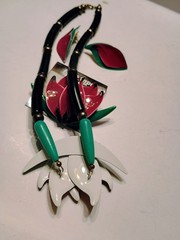 Contempo Pink Lotus Enamel Necklace , Brooch,Earrings Set New Old Stock STUNNING