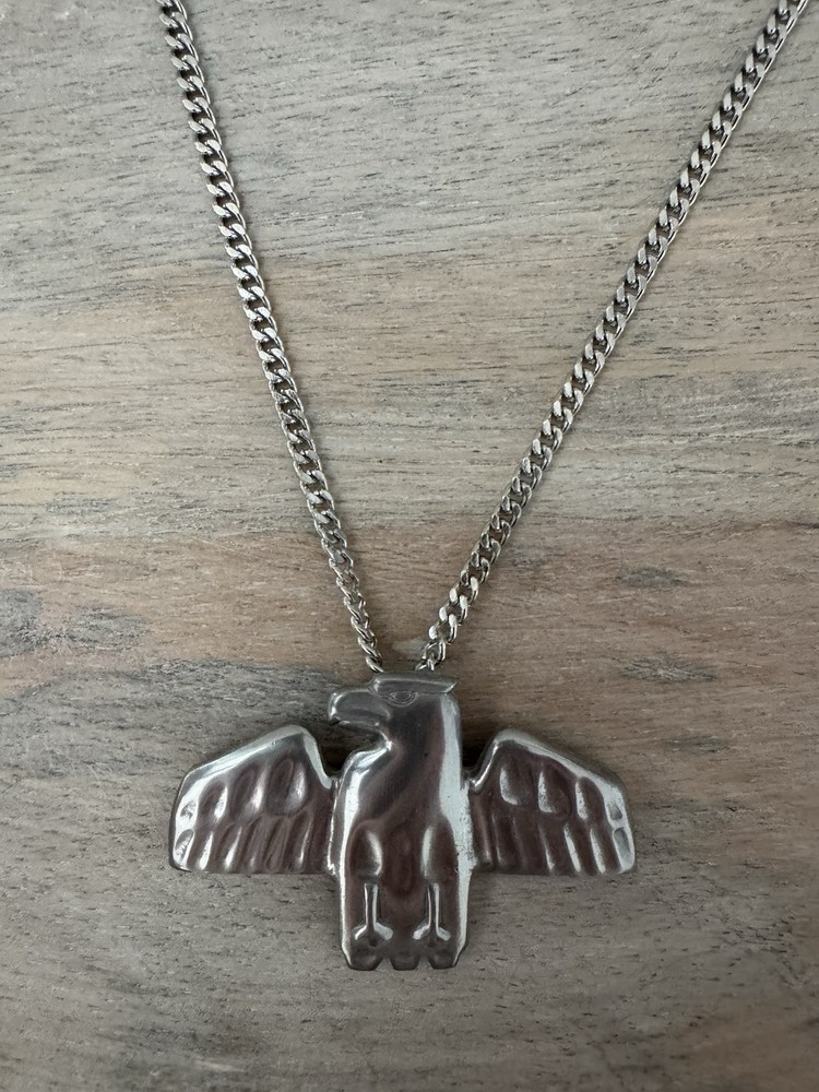 Vintage 12 inch Pewter Thunderbird Eagle Pendant Necklace