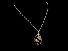 Automade 12k Gold Filled Floral Art Nouveau Pendant Vintage Steel Necklace