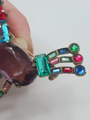 1940s Pot Metal Bird Brooch Rhinestone Figural fruit salad purple glass Vintage