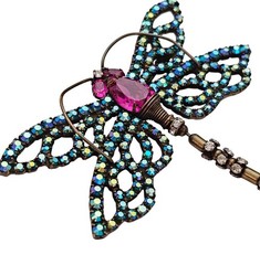 Bauer Dragonfly Brooch Pink, Blue AB Rhinestone Articulated Pin Signed, J595