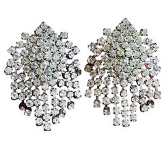 Sparkly Glam Earrings VTG Clip Crystal Austrian Rhinestone Dangle Waterfall 60s