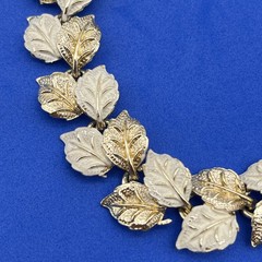 Vintage Leaf Link Necklace Gold Tone White Enamel Textured Choker MCM 16″