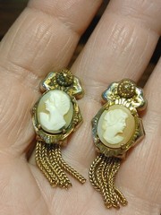 Antique Gold Filled Old/Young Cameo Necklace Double Sided Pendant & Earrings SET