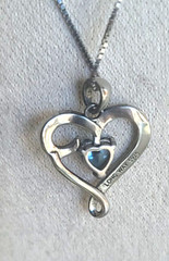 LOVE YOU MOM Sterling Silver Open Heart Blue Stone 18″ Necklace SIGNED LONG WAY