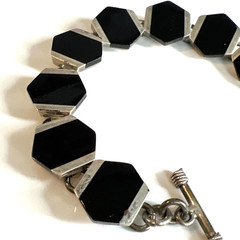 Vtg Mexico 925 sterling Silver Black Onyx Hexagon Geometric Toggle Bracelet 6.5