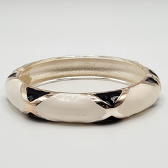 Black White Geometric Abstract Enamel Print Silver Tone Hinged Bangle Bracelet