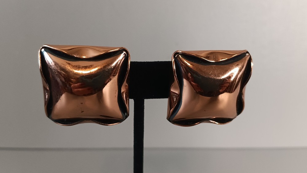 Copper Rumpled Square Shape Clipon Earrings Mid Century Modern Jewelry