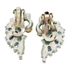 Vtg Blue Glass Rhinestone Climber Earrings Silver Tone 1.5″ Clip Back