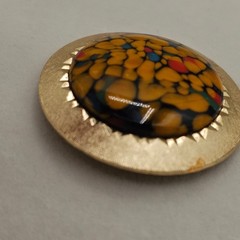 Vintage Round Art Glass Brooch Gold Tone Yellow Multi Color Mosaic MCM Retro Pin