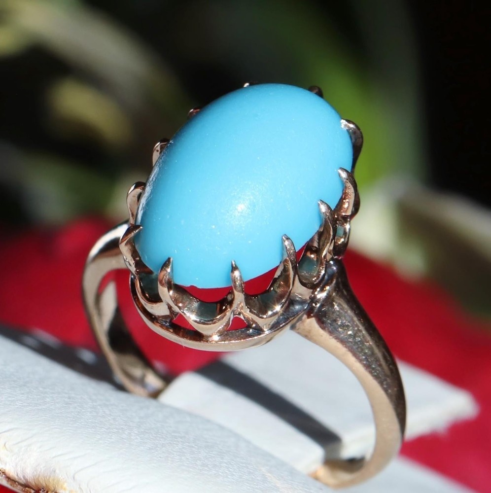 10k rose gold size 3 ring 2.50ct turquoise solitaire 1890’s antique 2.71gr N3188