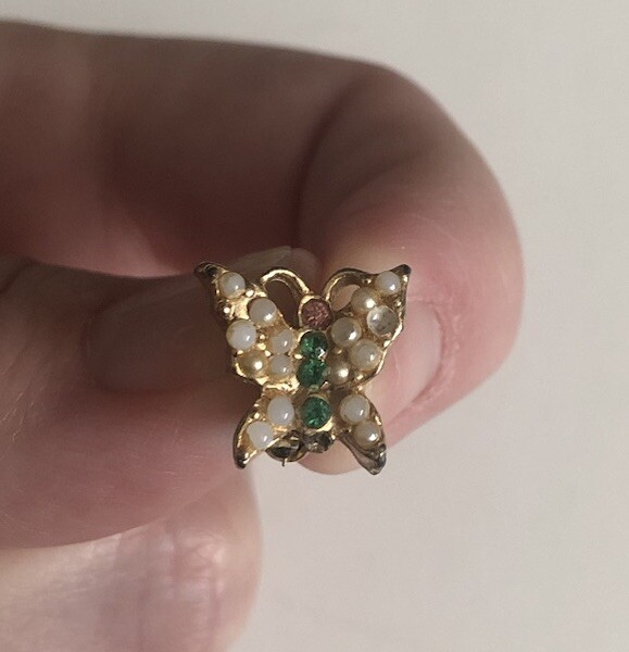 Miniature Butterfly Pin Gold Metal Gems White Green C Clasp .5 an Inch Width