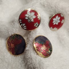 Vintage Cloisonne Enamel Floral clip Earrings Lot Red Purple Gold Tone Flower