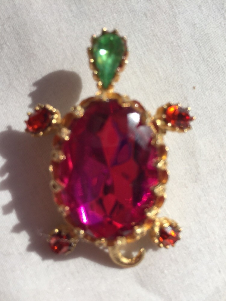 Vintage MCM Gold Tone Pink and Green AB Rhinestone Turtle Brooch