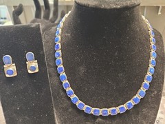 950 Fine Silver Lapis Lazuli Necklace Earrings Set 18” Modernist 38.9g