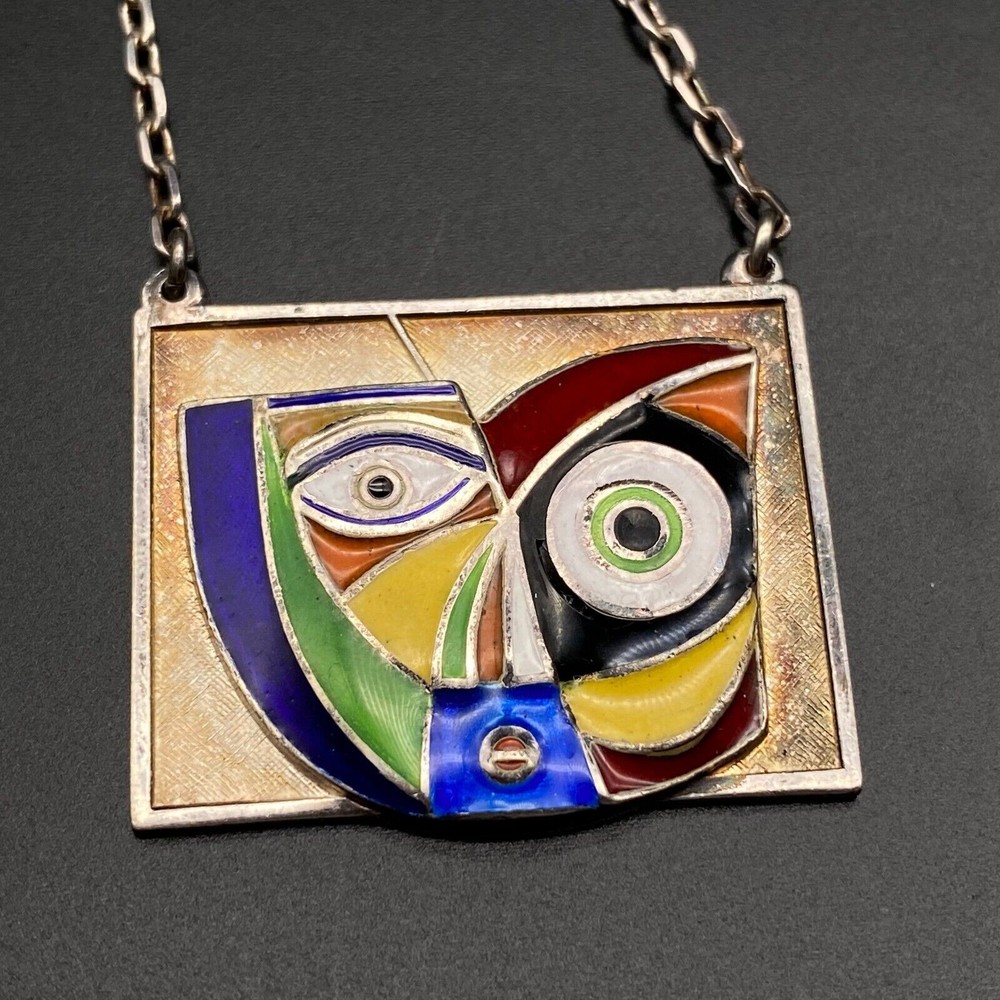 Vintage Modernist Anthony Quinn Enamel Sterling Silver Pendant Necklace 20″