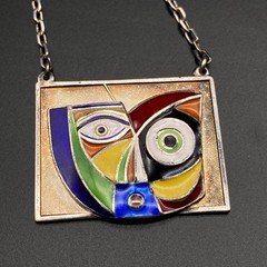 Vintage Modernist Anthony Quinn Enamel Sterling Silver Pendant Necklace 20″