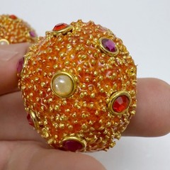 Vintage Sea Urchin Beachy Enamel Rhinestone Faux Pearl Round Clip On Earrings