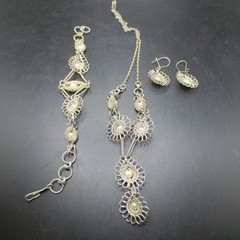 Vtg Wire Filigree Necklace 17” & Bracelet 7” Earrings Faux Pearls Set Boho 1980s