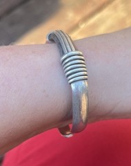 Vintage Leather and Wire Wrap 980 Sterling Silver Cuff Bracelet Mexico Unisex