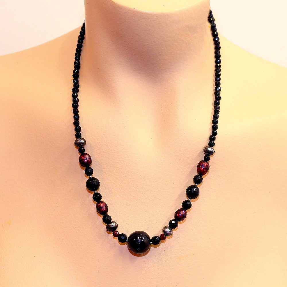 BARSE Sterling Necklace 19″ Black Dark Red Gray Beads Balls .925 Silver THAI