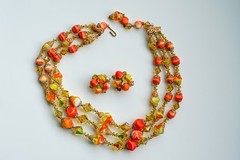Vendome Art Glass 3-Strand Necklace Earrings Orange AB Crystal 17 Inches.