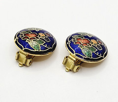 Cloisonné Small Butterfly & Flowers Round Blue Enamel Gold Tone Clip On Earrings