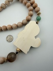 Vintage Necklace Pink Gemstone Flatback Carving Asian Figure 36” RO-DO NOS BL