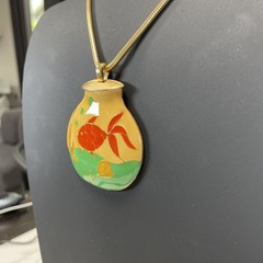 Vintage Cloisonne Fishbowl Pendant Vibrant Enamel Red Fish & Yellow Green Accent