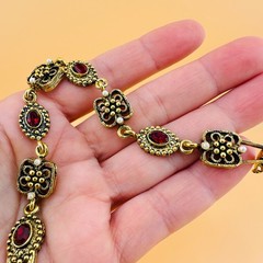 Vintage Victorian Revival Bracelet Red Rhinestone Gold Tone Faux Seed Pearl 6.2″