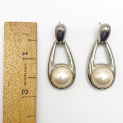 Vintage P.E.P. Erwin Pearl P.E.P. Silvertone & Pearl Pierced Dangle Earrings