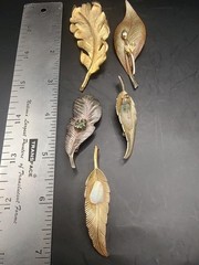 MCM Leaf Brooches -varied Goldl Tones, Some With Stones, Lot Of 5
