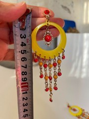 Vintage Thailand Boho Lucite Hoop Chandelier Earrings & Orange Resin Bangle Set