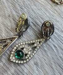 Jackie Collins Art Deco Style Green Cabochon Pendant Necklace & Earrings Set