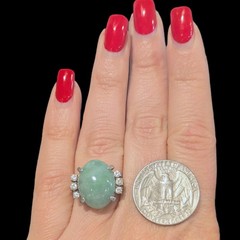 Vintage Jade Diamonds 14k White Gold Cocktail Ring Statement Estate Gift Retro